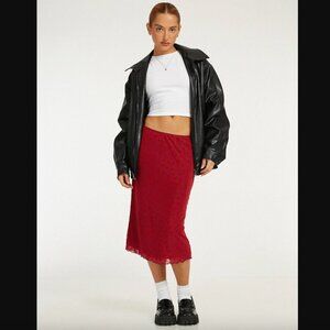 Motel Rujha Red Floral Flock Mesh Midi Skirt S